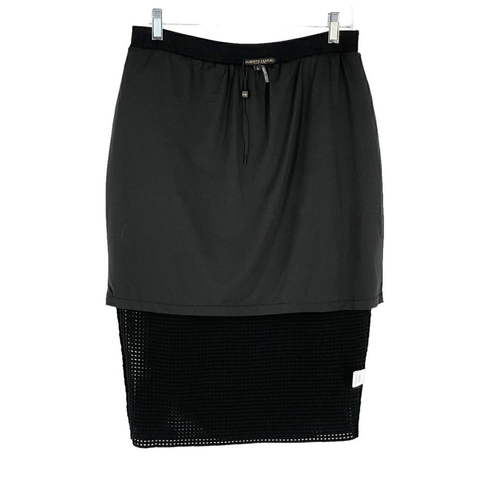 SALE NWOT Alberto Makali Laser Cut Perforated Black Knit Midi Pencil Skirt Large - Picture 4 of 6